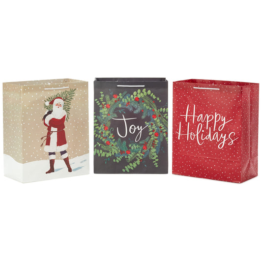 13" Large Christmas Gift Bag Bundle (3 Bags: Joy Wreath on Gray, Rustic Santa with Tree, Happy Holidays on Red) for Friends, Family, Teachers, Coworkers