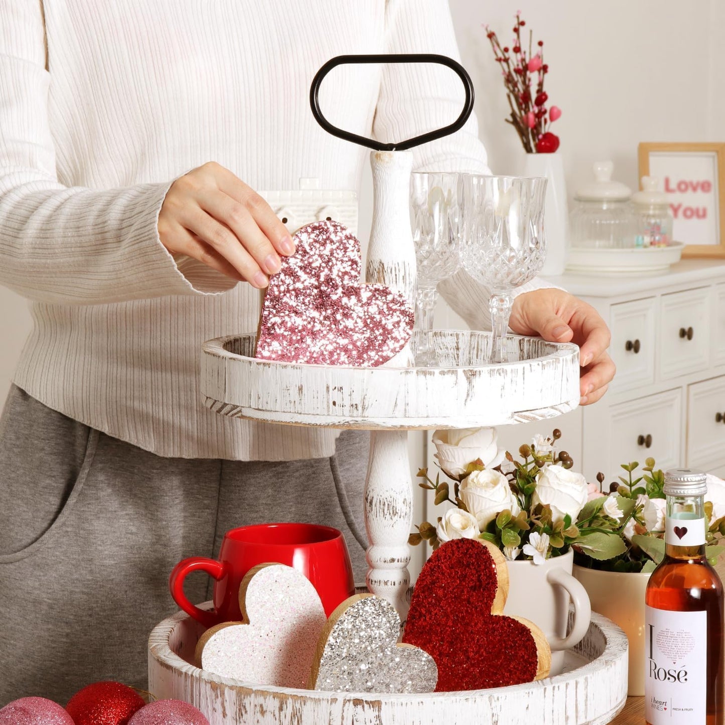 Valentines Day Decor Decorations: 4pcs Glitter Wood Heart Table Signs Tiered Tray Decor, Sparkle Galentines Decoration for Home Office Mantel Centerpieces Gifts
