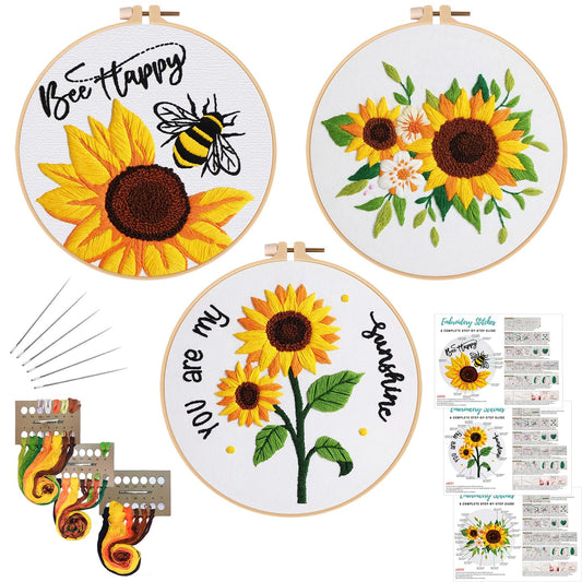 Louise Maelys 3 Sets Sunflowers Embroidery Kit for Beginners,Cross Stitch Kits for Adults with Summer Flowers Bee Stamped Pattern,Starters Needlepoint with Embroidery Instruction