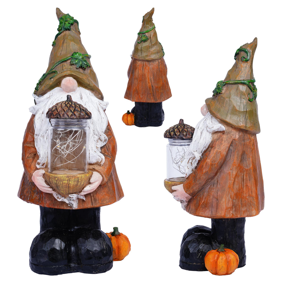 Topadorn Lighted Fall Garden Gnome with LED Acorn Jar, Resin Harvest Decor
