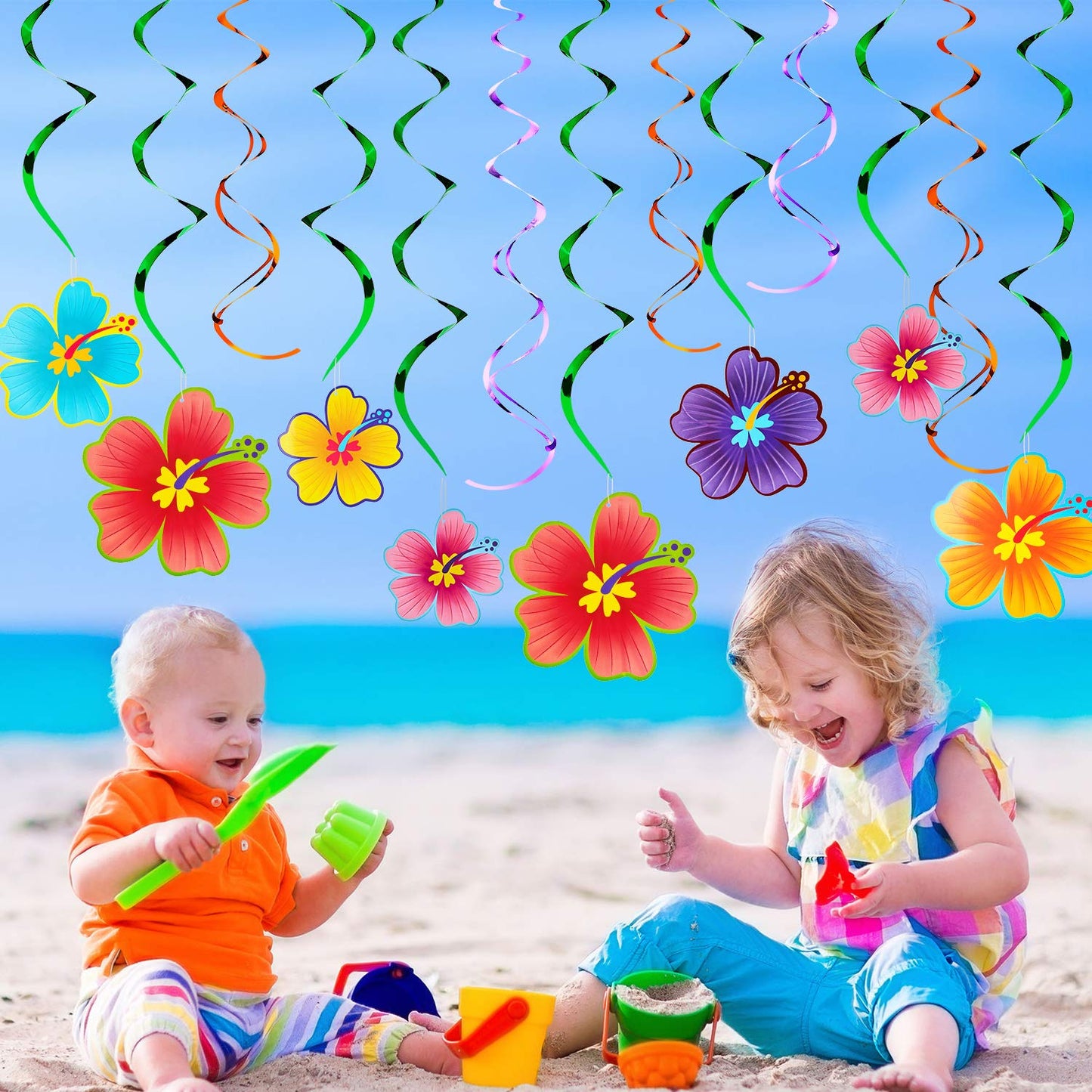 WILLBOND 40 Pieces Hawaiian Luau Birthday Party Hanging Swirl Decorations Flower Foil Swirl Decorations Ceiling Decorations for Summer Tropical Hawaiian Theme Party Decoration Supplies