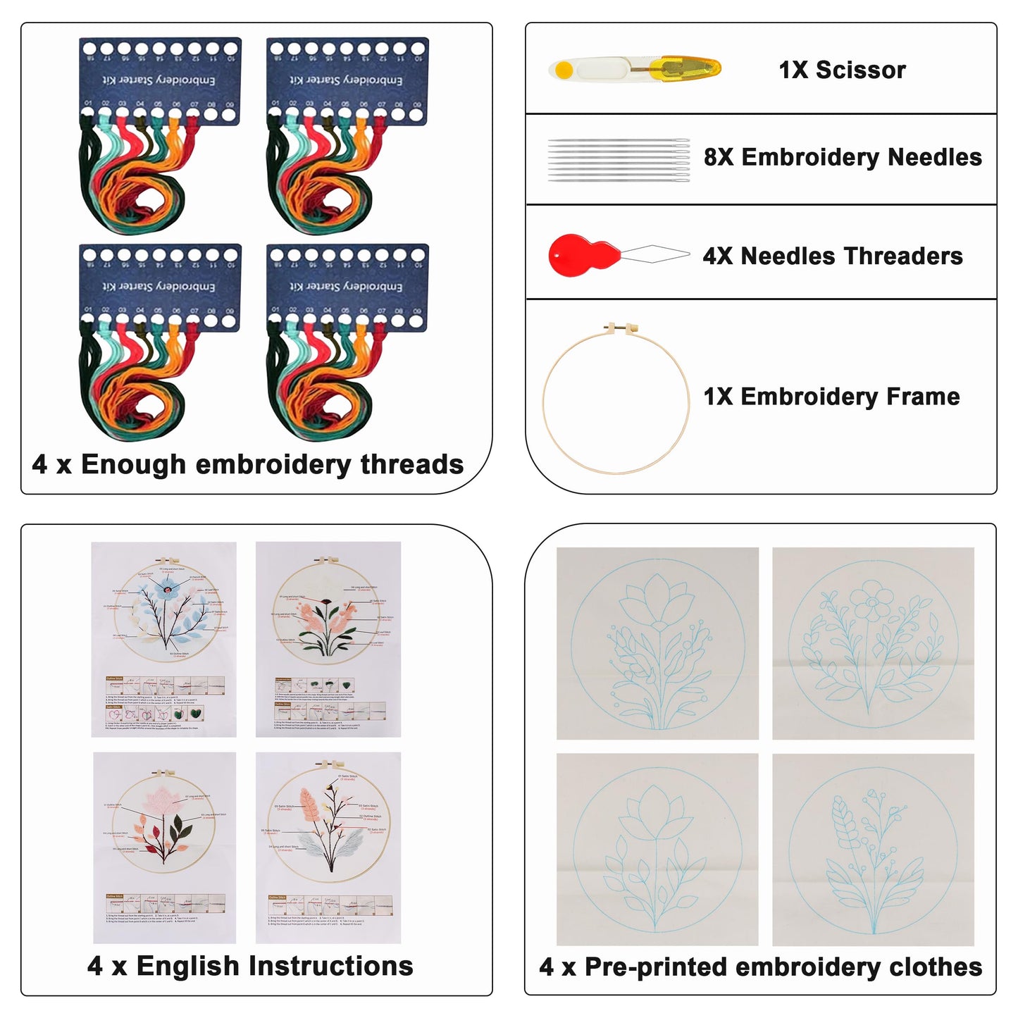 Maydear 4 Sets Embroidery Kit Punch Needle Kit,Embroidery Kit for Beginners Cross Stitch Kits with Embroidery Hoop and Instructions, Hand Embroidery Starter Kit for Adults (Four Flowers)