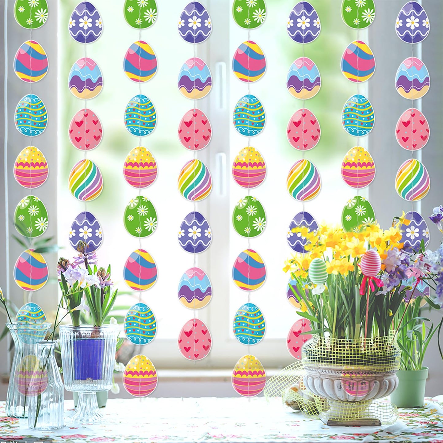 Easter Egg Party Decoration Garland - 8pcs Pastel Rainbow Spring Hanging Paper Streamers, Kids Birthday Favors Gifts Classroom Supplies Banner,Indoor Outdoor Decor Lasting Surprise