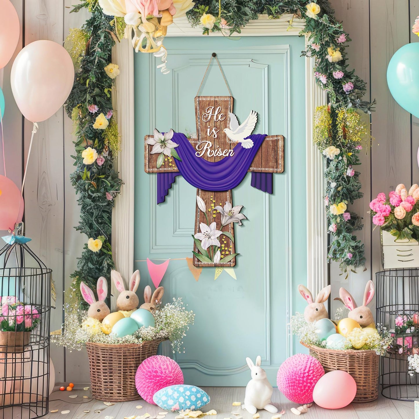 Easter Door Sign He Is Risen Hanging Decor Religious Cross Sign Easter Wreaths for Front Door Christian Flowers Lent Hanging Hanger for Farmhouse Front Porch(Cross,15.75 x 19.69 Inches)