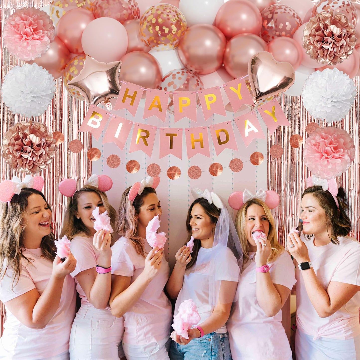 Rose Gold Birthday Party Decorations Kit for Women Girls, Foil Confetti Rose Gold Balloon Pink Happy Birthday Banner Fringe Curtains Butterfly Decor Circle Dots Tassels Pompoms Party Supplies