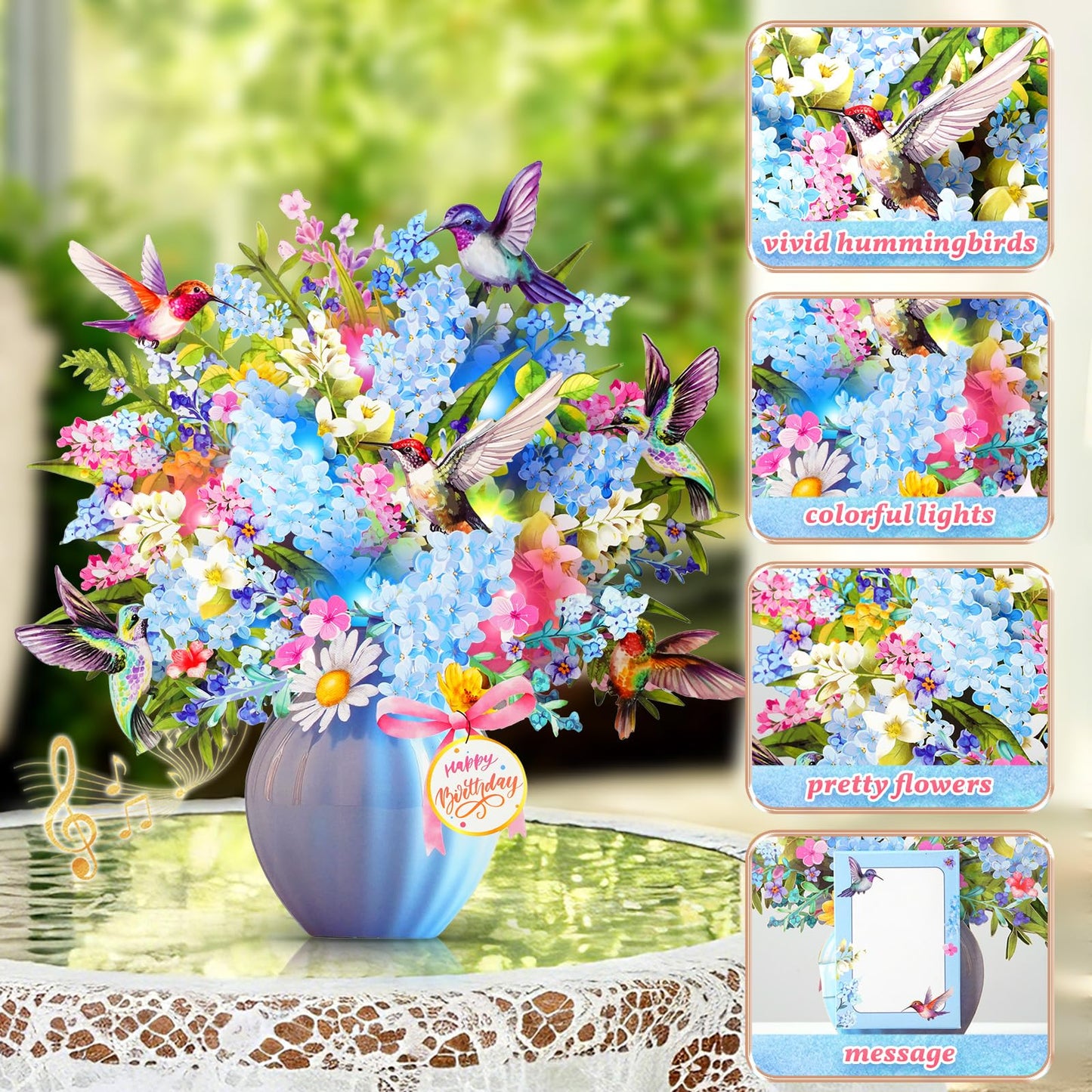 APOTODITO Birthday Card, Hummingbird Birthday Card with Music and Lights, Flower Bouquet Card for Women Mom Wife