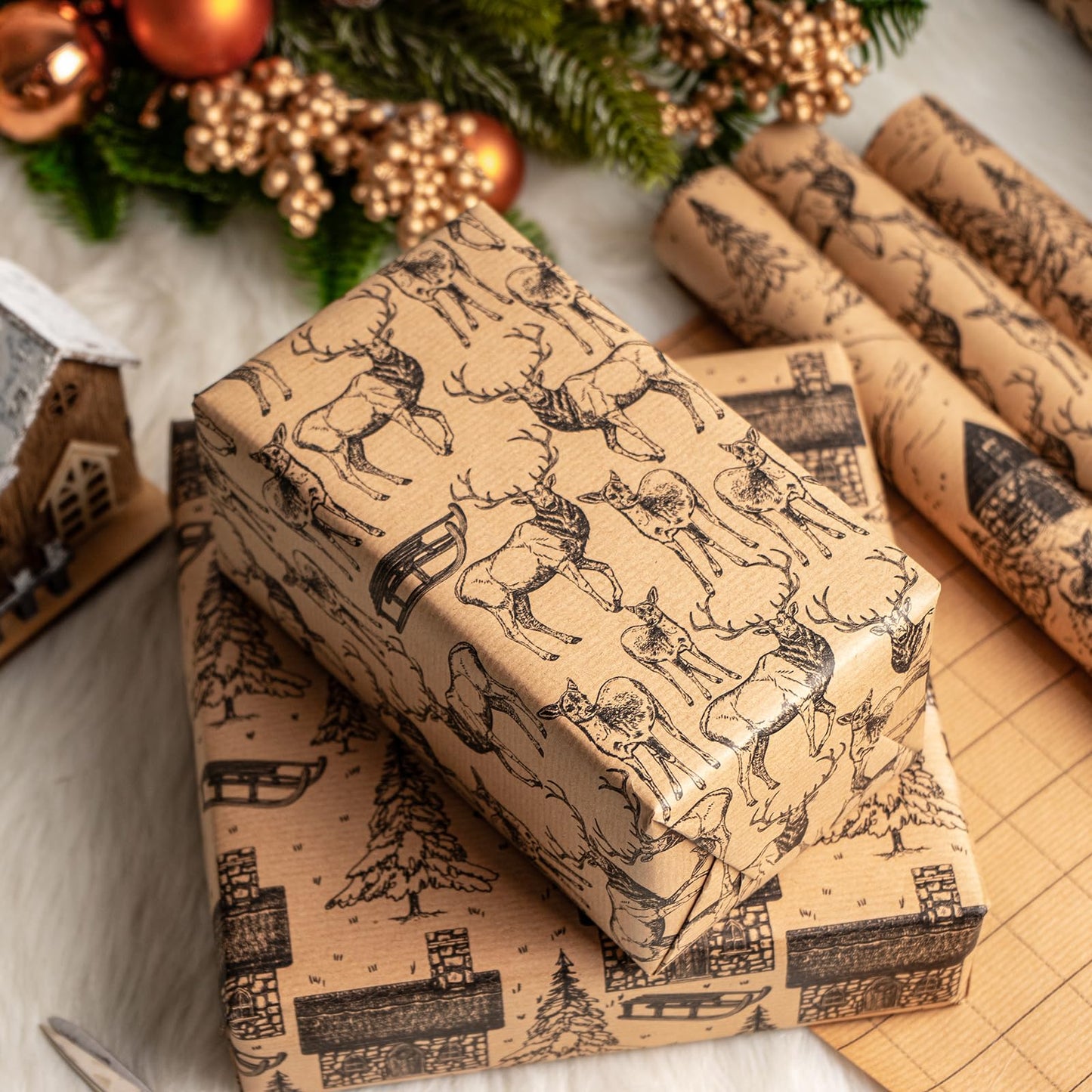 Christmas Wrapping Paper - Black Sketch Design - 4 Rolls - 30 Inches x 10 Feet Per Roll
