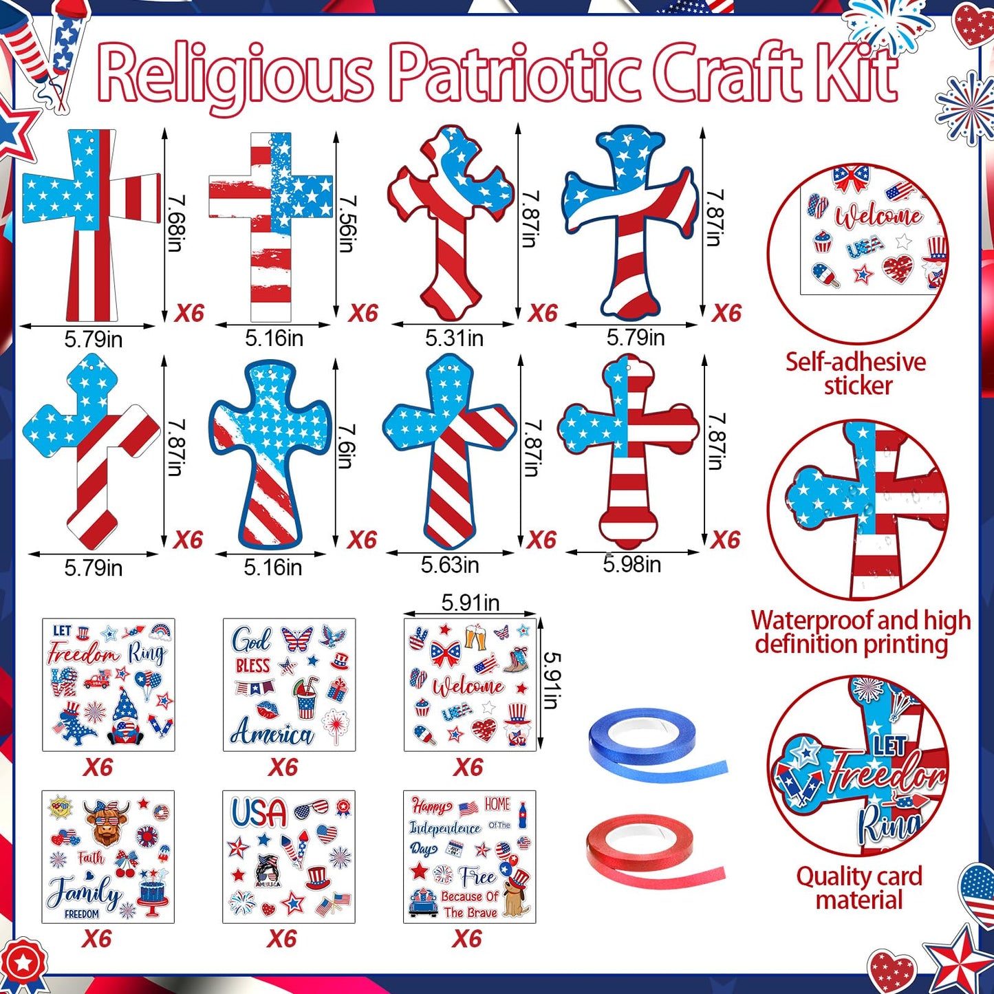 Watersay 48 Set Religious 4th of July Cross Craft Kit DIY Christian Patriotic Craft Sticker Make Your Own Ornament for Sunday School VBS Class Project Home Party Activity (Independence Day, Blue)