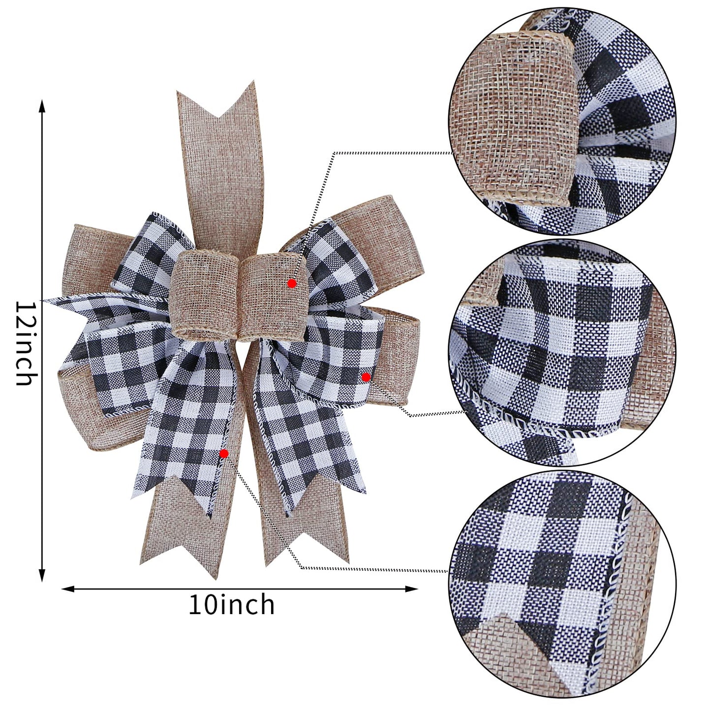SIMISI RIBBON Christmas Buffalo Plaid Bow Burlap Black White Plaid Bows for Wreath Kitchen Decor (9.5 x 13 inch)
