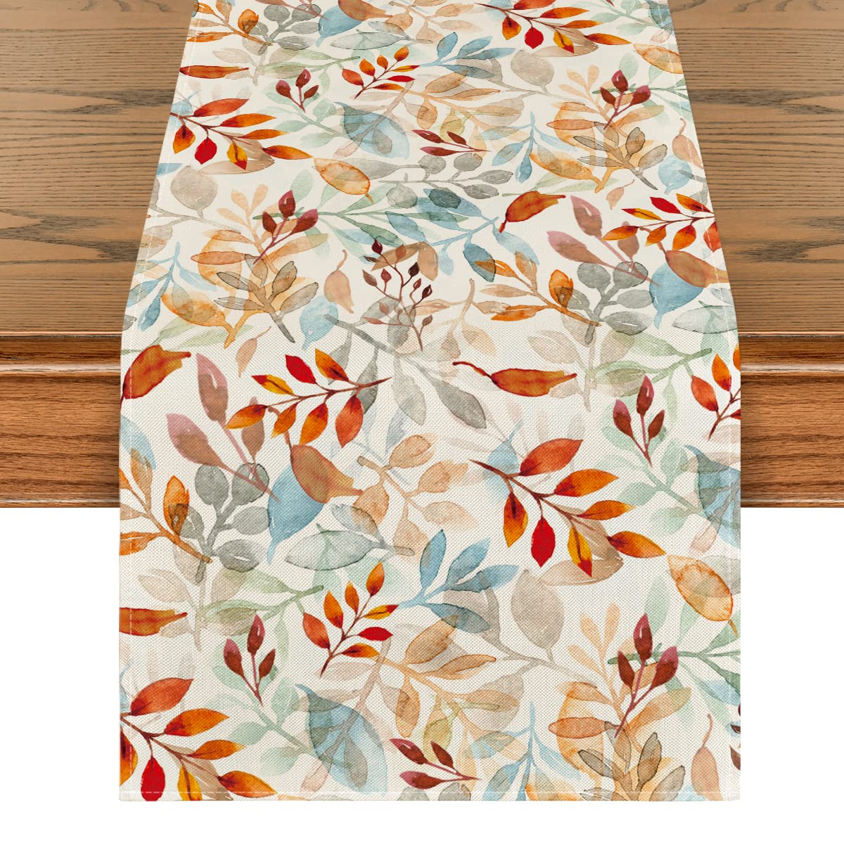 Beige Eucalyptus Leaves Fall Table Runner, Seasonal Autumn Kitchen Dining Table Decoration for Outdoor Home Party 13x108 Inch