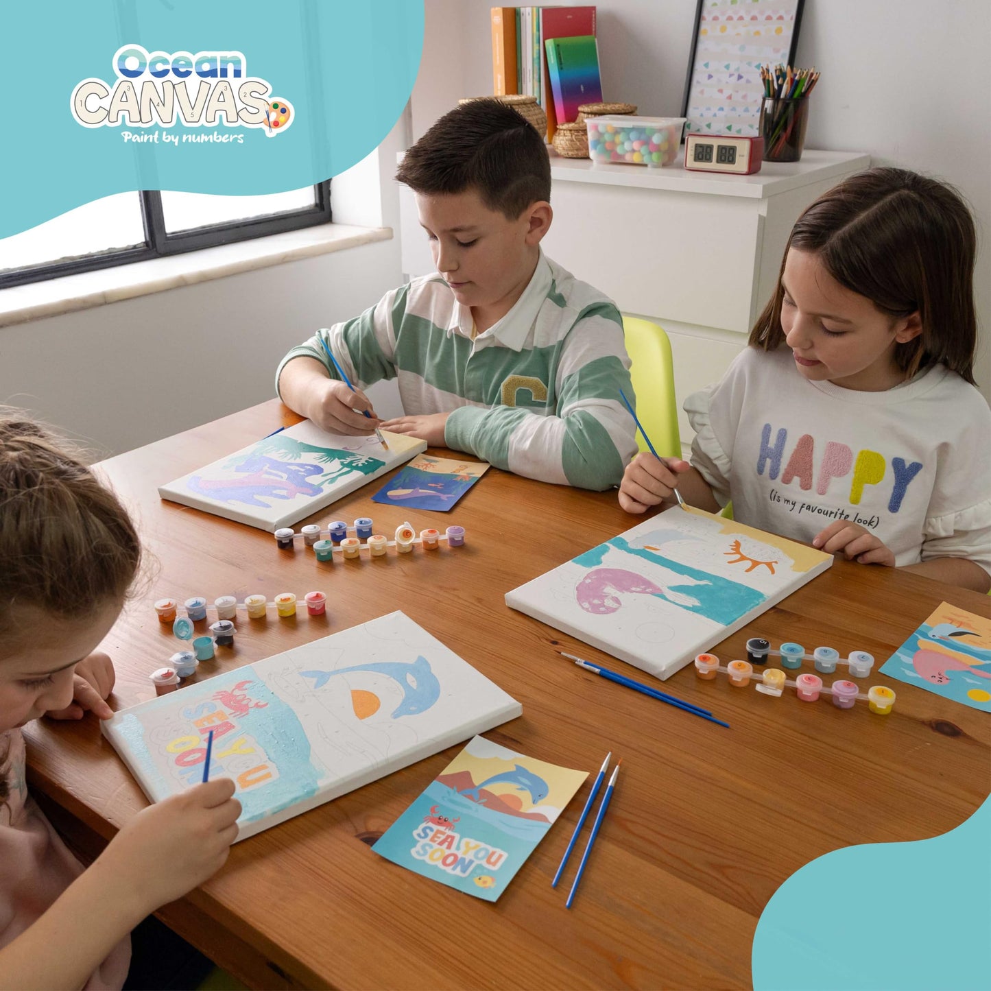 BONNYCO Paint by Numbers Kit for Kids Sea Animals Pack 3 Canvas. Paint by Number Canvas Framed, Ocean Gifts for Kids. Arts and Crafts 4-6 8-12, Pintar por Numeros. Pre Drawn Painting Under Sea Crafts