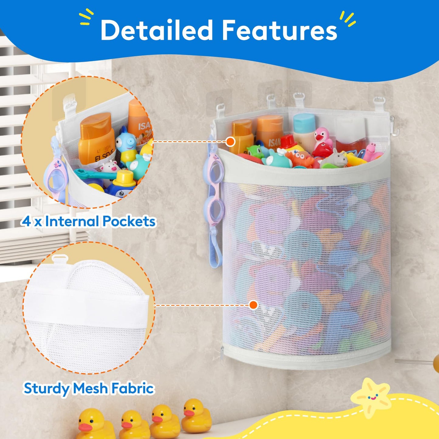 Bath Toy Storage Holder, Mesh Shower Caddy for Bathtub Toy Organizer, Corner Hang-Suspension Shower Toy Holder, Bath Toy Basket with 4 Adhesive Hooks for Kids, Toddlers, Large, White