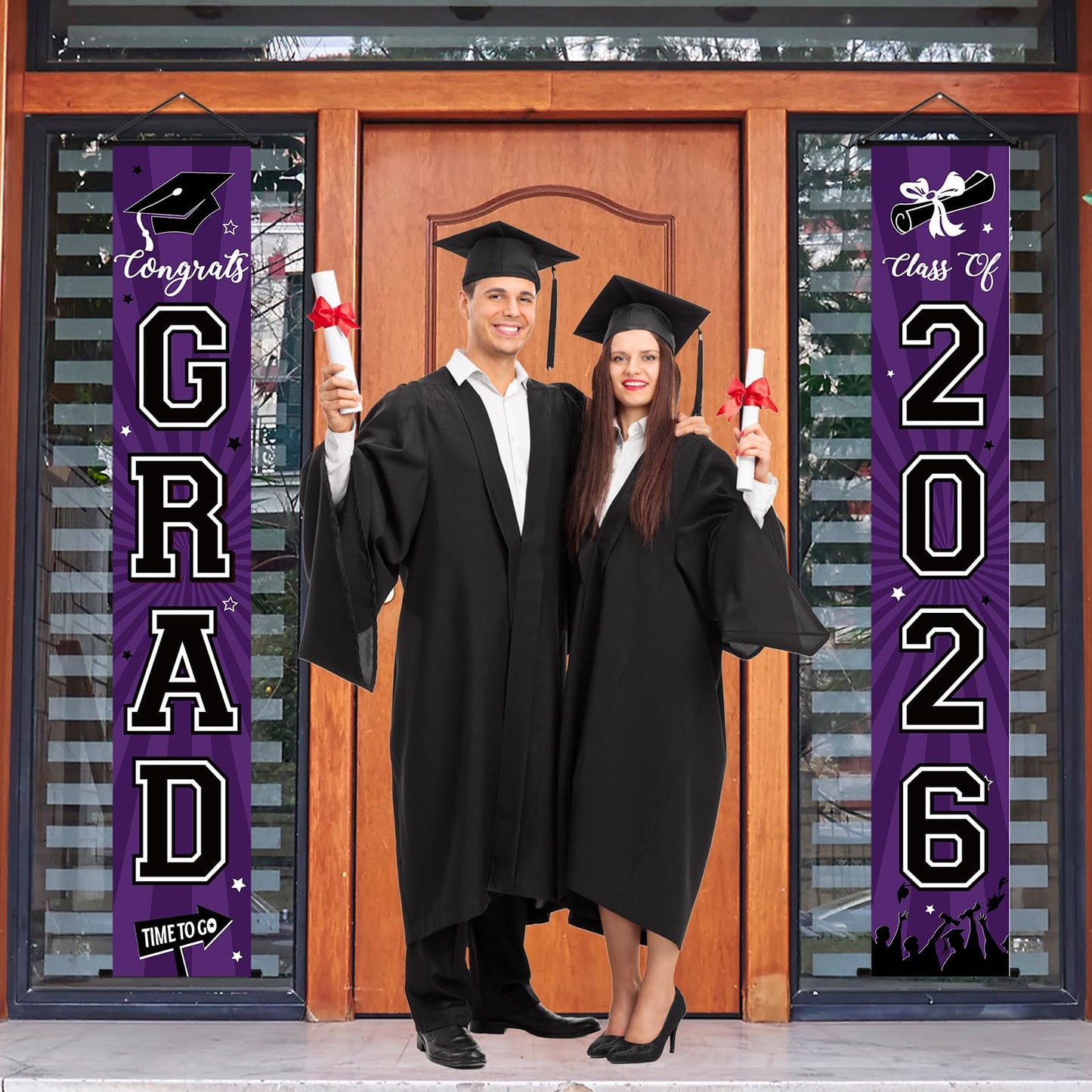 Graduation Banner 2026 Graduation Decorations Purple and Black Grad Banner Porch Sign Class of 2026 Door Decor Congrats Hanging Backdrop Purple Grad Party Decor for School Congratulations Supplies