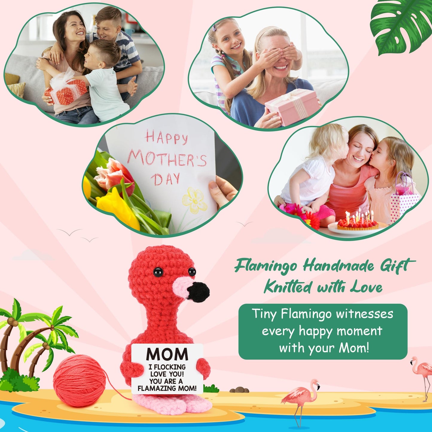 Mothers Day Mom Gifts from Daughter Son, Mothers Day Birthday Mom Easter Gifts, Birthday Card Gift for Mother in Law Stepmom Mama Funny I Love You Mum Mother Present Handmade Crochet Flamingo Decor