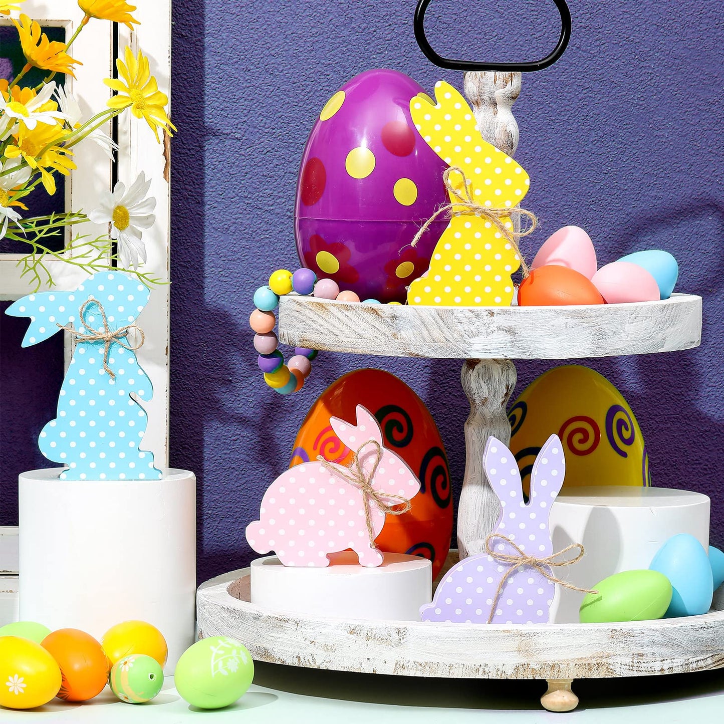 4 Pcs Easter Bunny Table Wooden Signs Bunny Shaped Farmhouse Decor Spring Rabbit Wood Tabletop Decorations Easter Rabbit Dining Room Table Decor Sign with Rope(Macaron Dots)