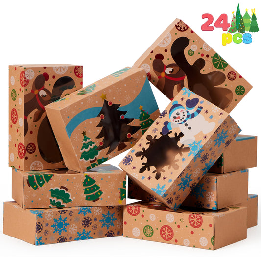 JOYIN 12 Foiled Kraft Christmas Cookie Boxes with Window 8.5" x 5.75" x 2.75", Treat Boxes with 3 Designs for Pastries, Cupcakes, Brownies, Gift-Giving, Doughnut and Cookie, Brown Kraft Bakery Boxes