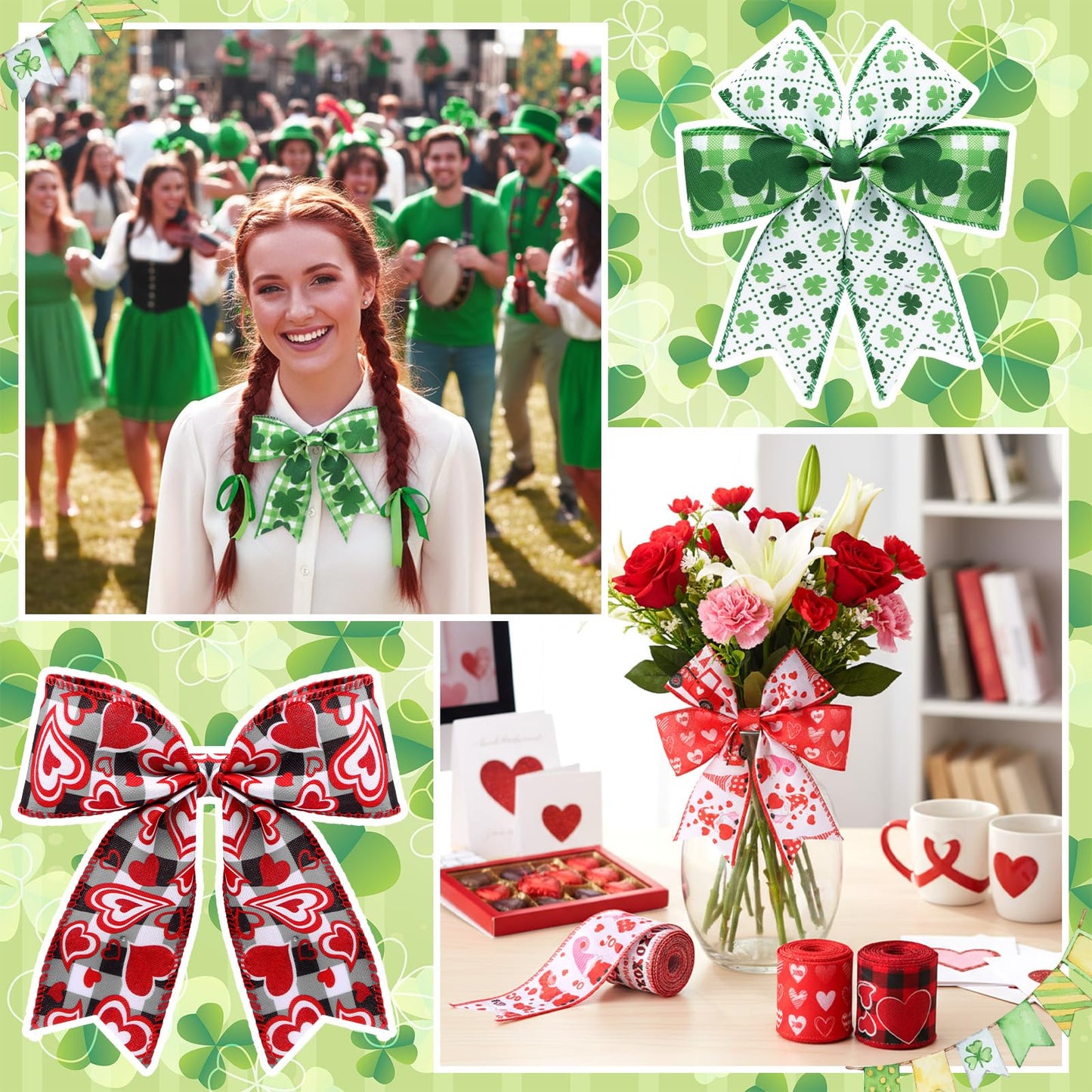 12 Rolls Valentine's Day Wired Edge Ribbon for Wreaths 2 Inch x 60 Yards Red Pink Heart Gnome Truck Print Grosgrain Ribbon Shamrock Clover Crafts for St Patricks Day Party Supplies 12 Styles