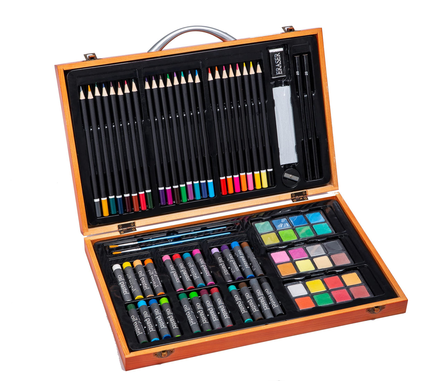 MAHITOI US 80+Piece Deluxe Artist Studio Creativity Set Wood Box Case - Art Painting, Sketching Drawing Set, 24 Watercolor Paint Colors, 24 Oil Pastels, 24 Colored Pencils, 2 Brushes, Starter Kit