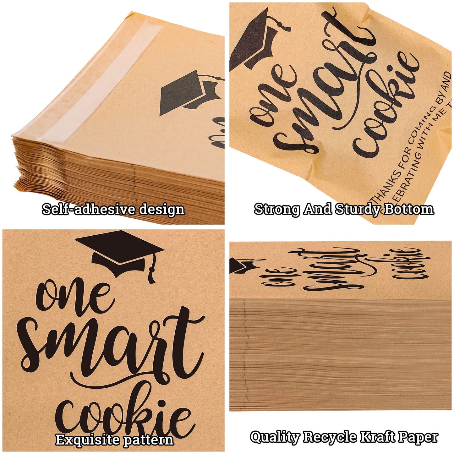 Whaline 100 Pack 2026 Graduation Candy Cookie Gift Bags One Smart Cookie Self-Adhesive Buffet Treat Bag Congrats Grad Kraft Paper Treat Gift Bags for 2026 Graduation Party Decoration Supplies