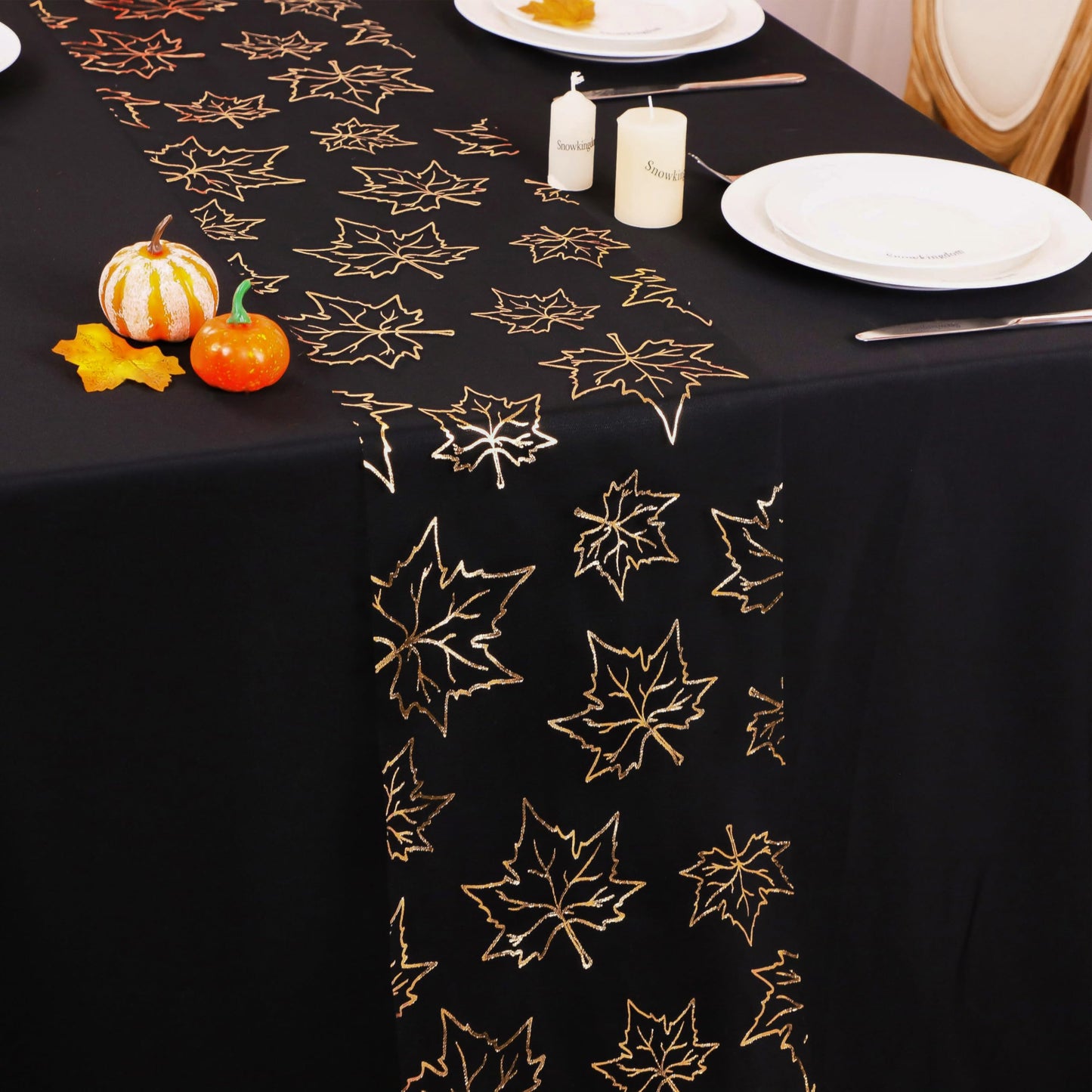 Fall Table Runners, Gold Maple Leaves Thanksgiving Table Decorations for Autumn Harvest Sequin Glitter Lightweight Black Thin Mesh Sparkle Farmhouse Dining Party Decor 120 Inch