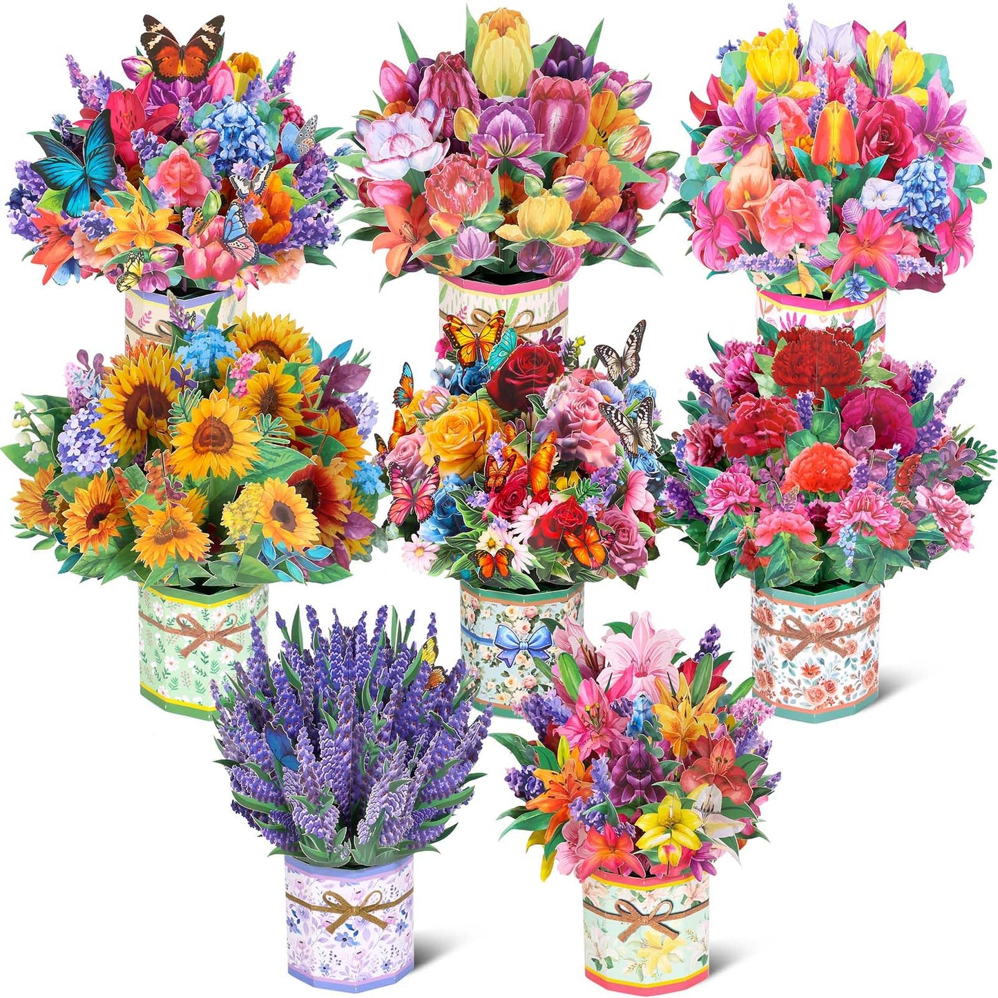 8 Pack Paper Flower Pop Up Cards, Flower Bouquet Card Popup 3D Greeting Cards for Mother's Day, Graduation, Anniversary, Birthday, Congratulations, Get Well, Home Decor, with Envelope and Note