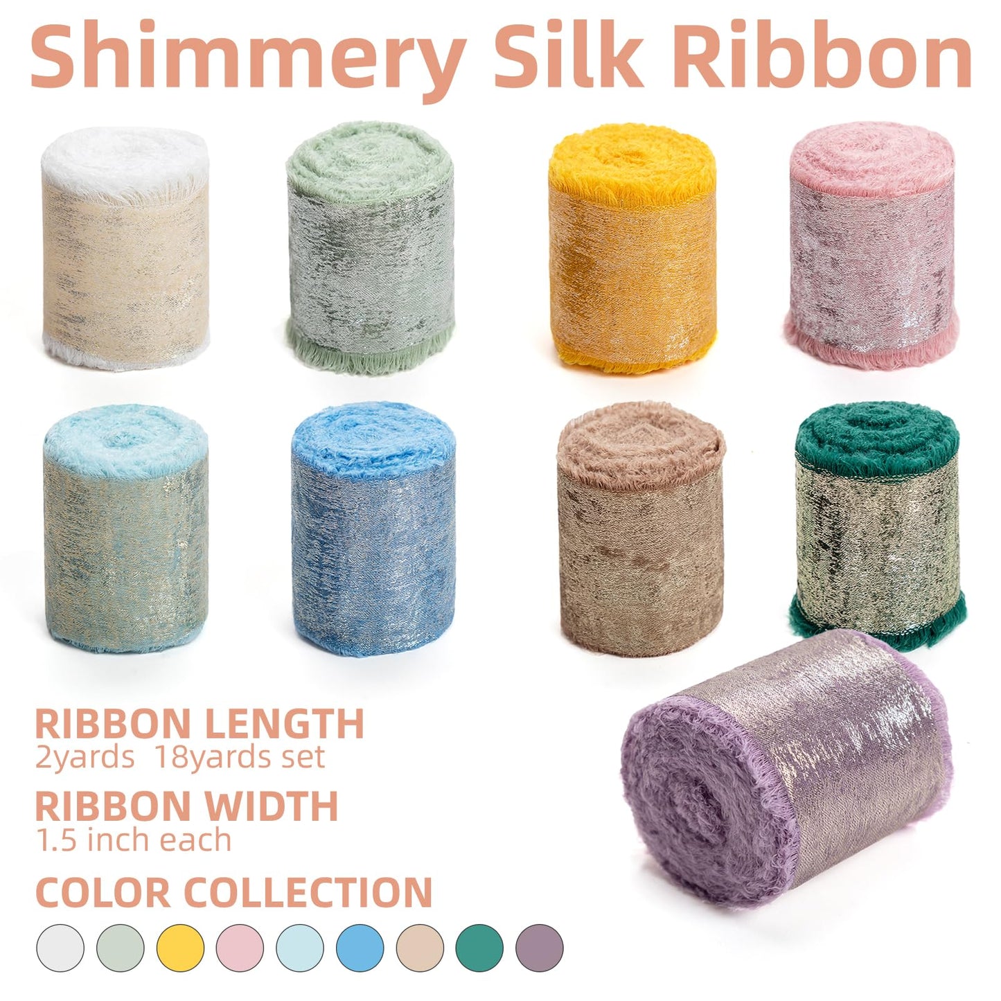 Multicolour Silk Chiffon Ribbon,Frayed Shimmery Silk Ribbon for Bridal Flower Bouquet Christmas Gift Wrapping Wedding Decor Invitations Decorations 1.5" x 18 Yards (2Yards X 9 Rolls)