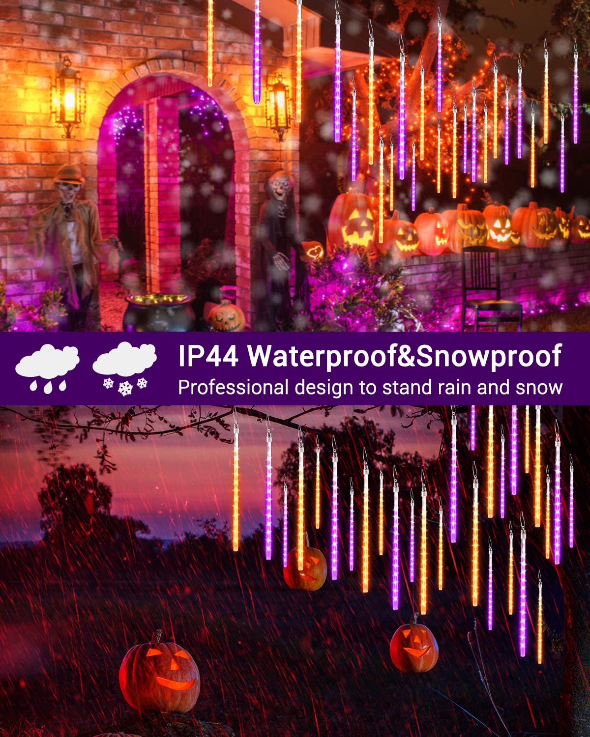 Halloween Lights Outdoor 10 Tubes 240 LED Raindrop Lights Meteor Shower Icicle Lights with Timer Function Cascading Lights Falling Rain Lights for Halloween Orange Purple