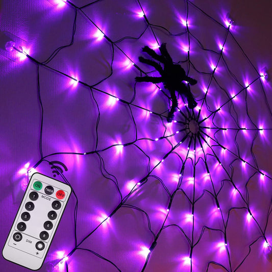 Halloween Decorations Spider Web Lights - 4FT Diameter 70 LED with Black Spider, Waterproof Net Lights, Remote Control, 8 Modes Cobweb Halloween Decorations for House Garden Indoor Outdoor (Purple)