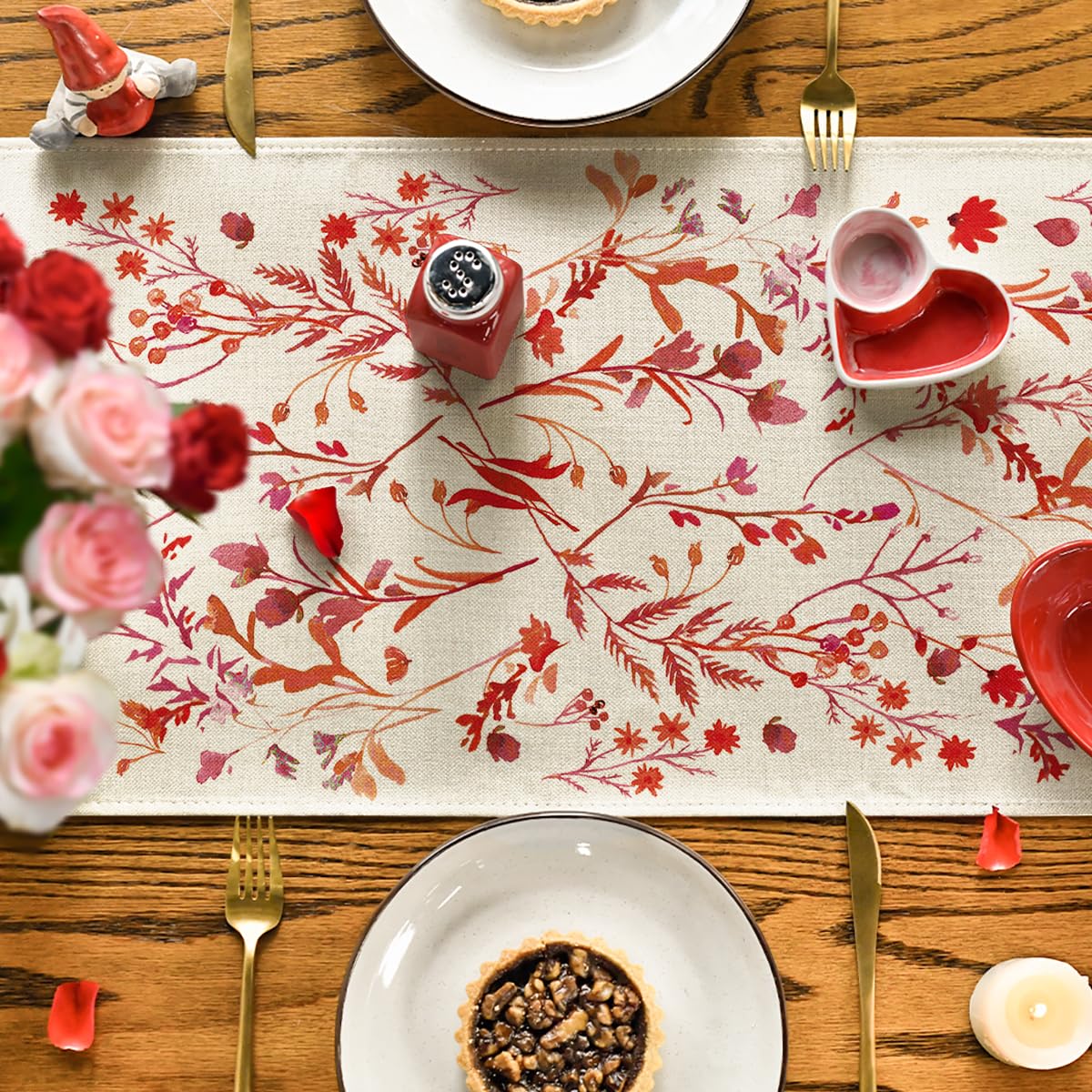 Floral Leaves Valentine's Table Runner, Wild Flowers Seasonal Kitchen Dining Table Decoration for Home Party Decor 13x72 Inch