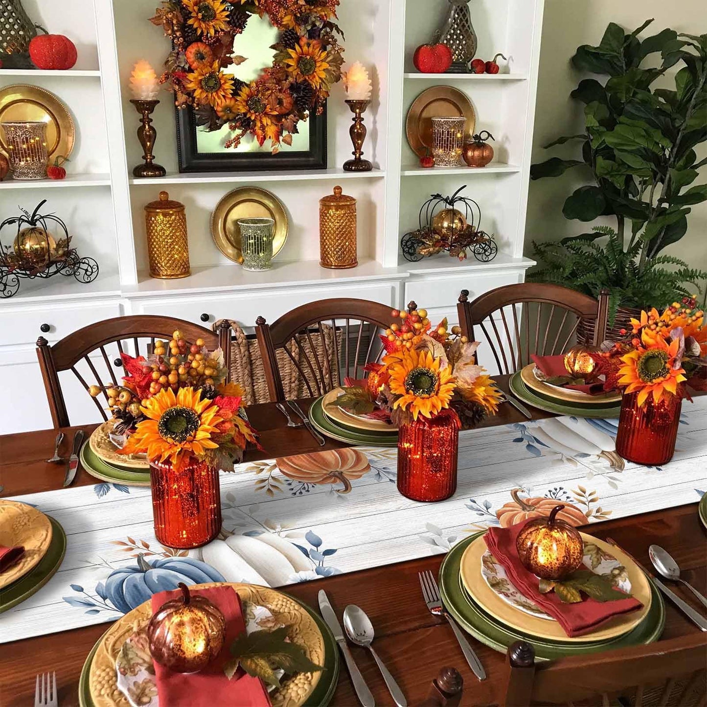 Fall Table Runner Blue Pumpkin Table Runners for Dining Room Leaves Floral Wood Grain Dinner Runner Thanksgiving Kitchen Decor 13" x 72"