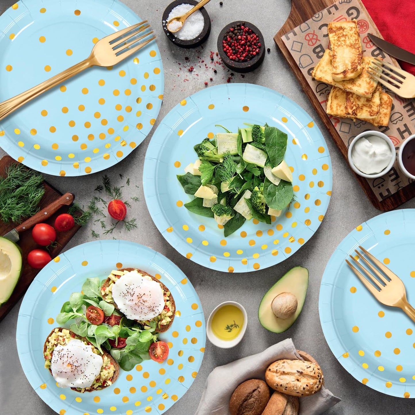 Blue Gold Paper Plates and Napkins Tableware Set-25 x 7''Dessert Plates & 25 x 6.5''Napkins & 25 x 7.3''Forks,Blue Party Supplies for Baby Showers,Birthday,Wedding,Bridal Shower,Anniversary(Serve 25)