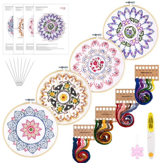 4 Mandala Embroidery Starter Kit with Instruction Plum Blossom Chrysanthemum Orchid Lotus Needlepoint Cross Stitch Kit with Embroidery Hoop Threads Needle Scissors for Beginners DIY Craft