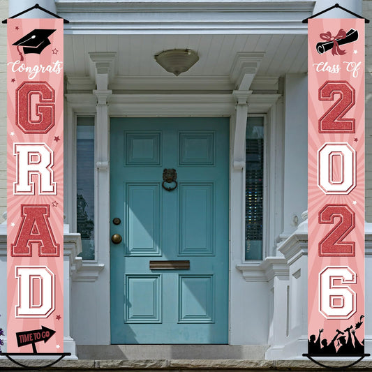 2026 Graduation Banner Class of 2026 Congrats Grad Porch Sign Party Decorations Supplies Welcome Hanging Door Decor for Indoor Outdoor(Pink)
