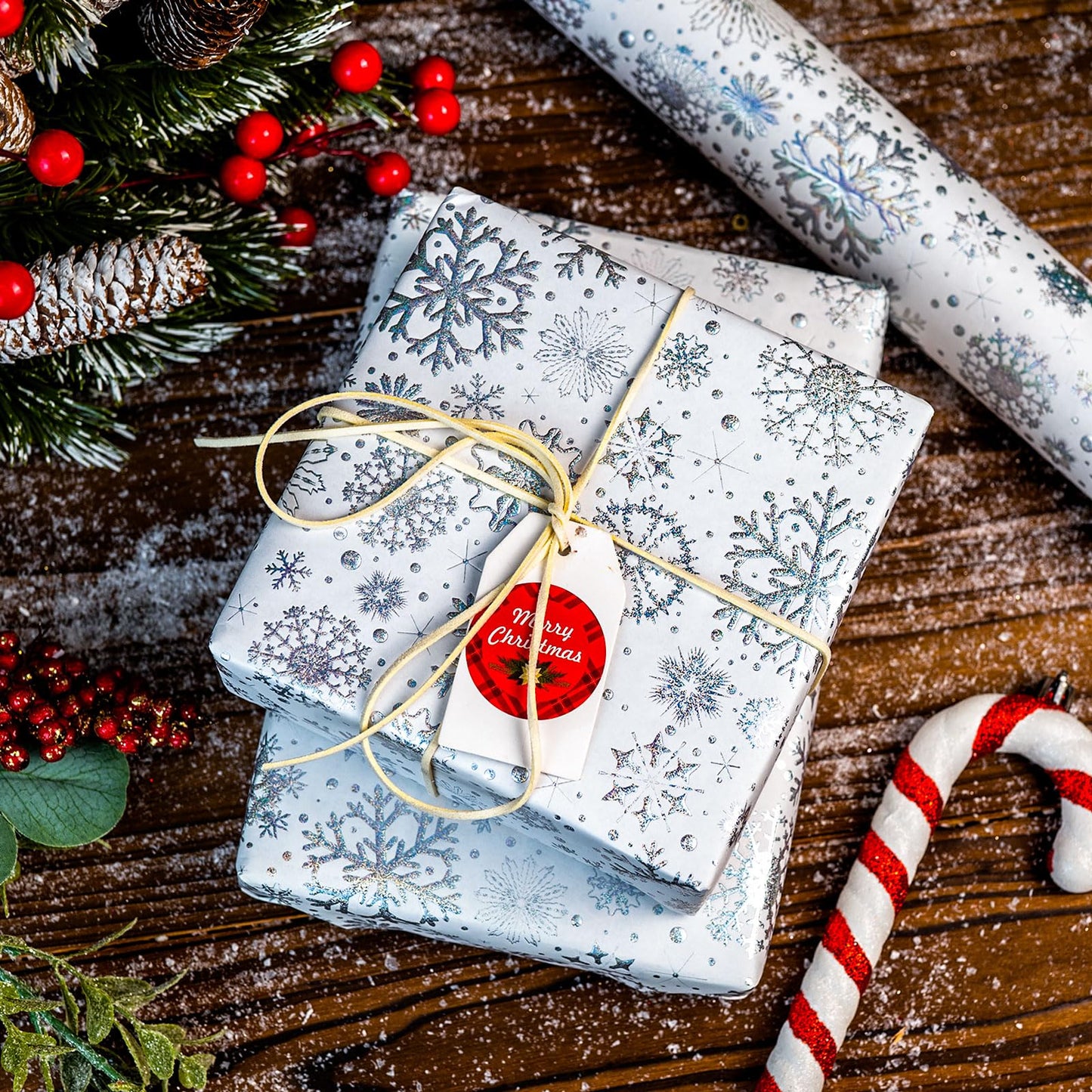 Kraft Christmas Wrapping Paper-Silver Snowflake Metallic Embossed Foil Luxury Gift Wrap Roll Design for Holiday, Party,Celebration, New Year (17 Inch X 32.8 Feet)