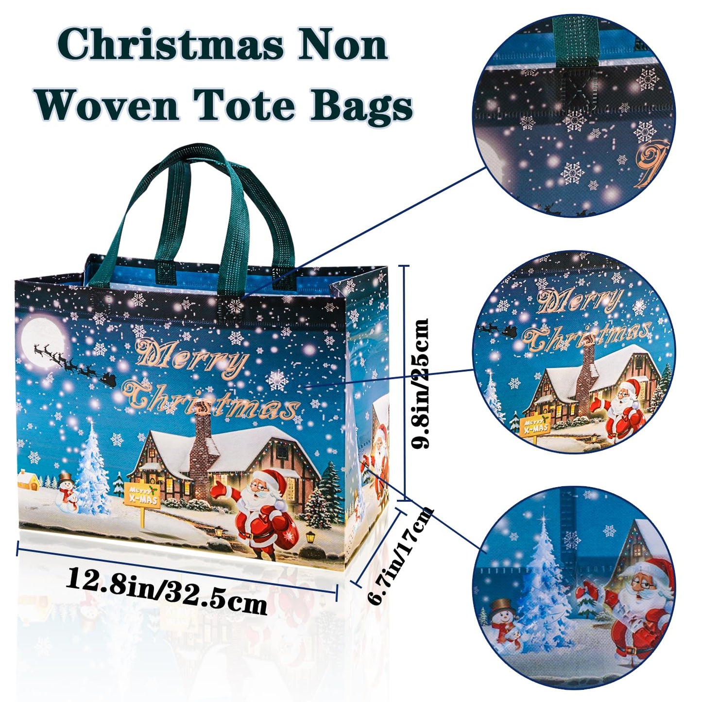 9Pcs Christmas Gift Bags, Christmas Tote Bags with Handles, Reusable Non-Woven Shopping Bags for Xmas Gifts Wrapping Holiday Party Supplies, 12.8"×9.8"×6.7"