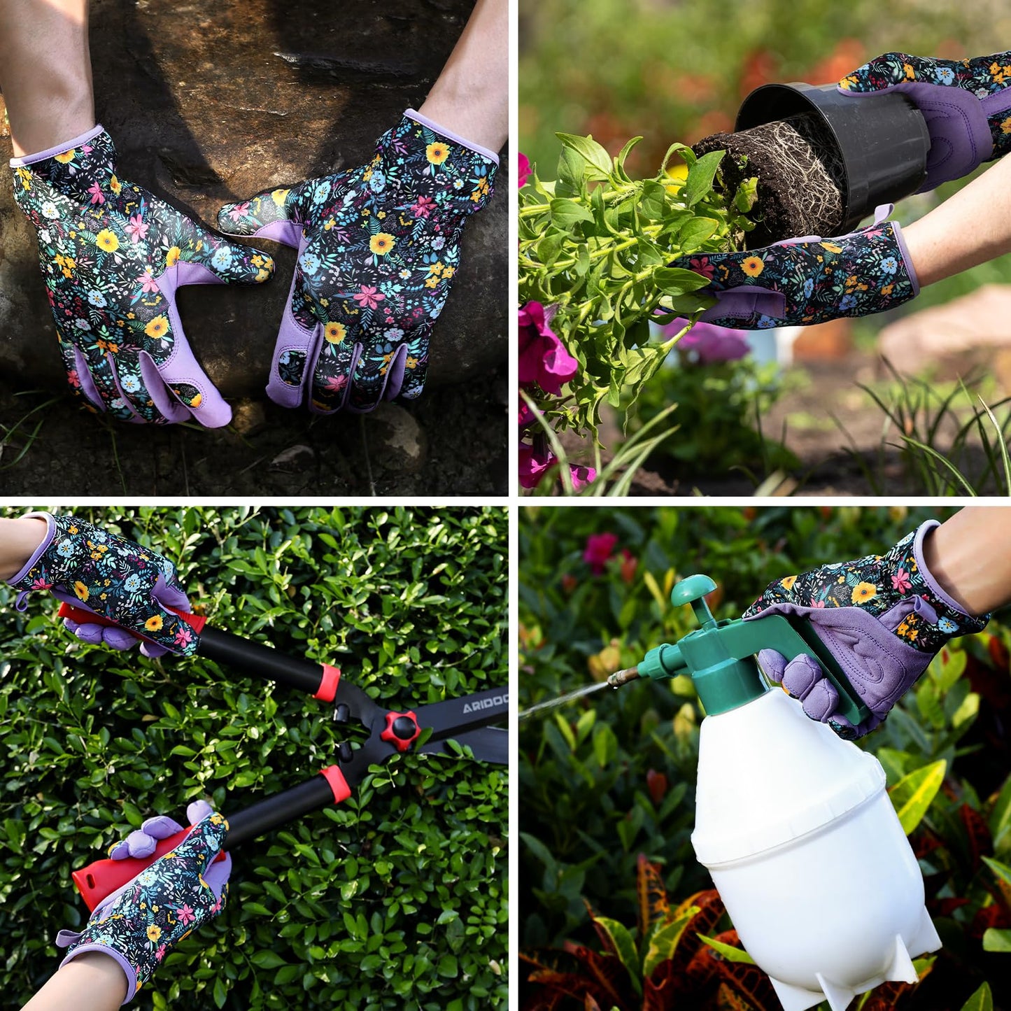 Garden Gloves for Women - Breathable leather Floral Gardening Gloves with Grip, Thorn-Proof Puncture-Resistant Work Gloves for Weeding, Digging, Planting, Raking and Pruning, Purple - Flower