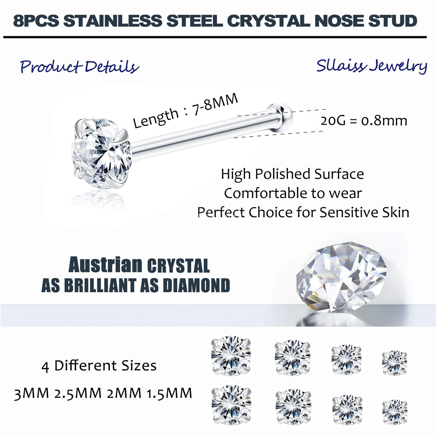 Sllaiss 8 Pcs 20G Nose Ring Studs Made with Austrian Crystal for Women Stainless Steel 1.5mm 2mm 2.5mm 3mm Nose Piercings Set Body Jewelry Hypoallergenic