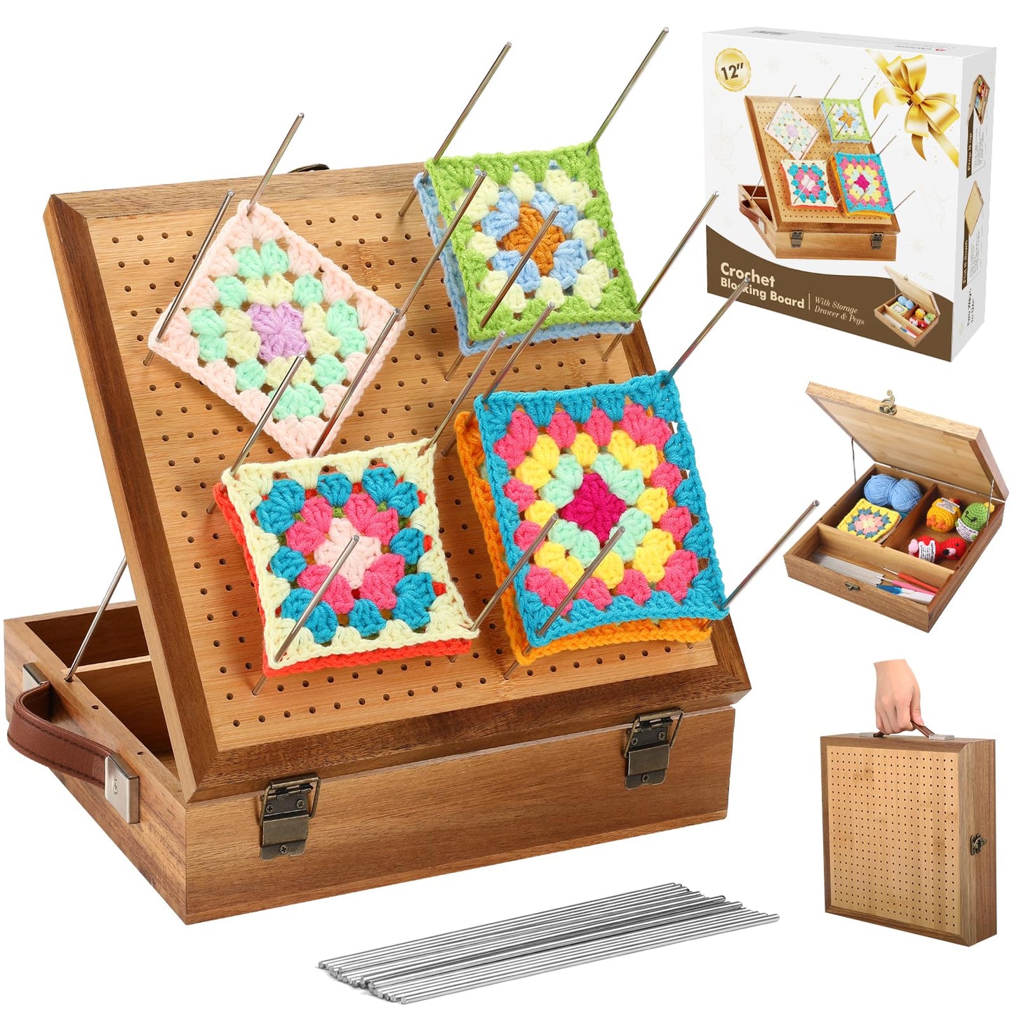12.0" Crochet Blocking Board with Gift Box & Storage Drawer, Acacia & Bamboo Blocking Boards for Crochet Projects, Granny Square Blocking Board, Crocheting Accessories Gift for Grandmothers Crocheters