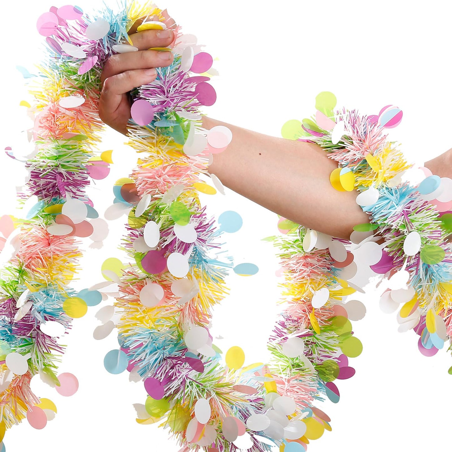 Easter Garland Decor,50Ft Glitter Tinsel Spring Garland Decorations for Tree Mantle Bedroom Office Classroom Party Indoor Outdoor Holiday Home Pink Yellow Blue Green White