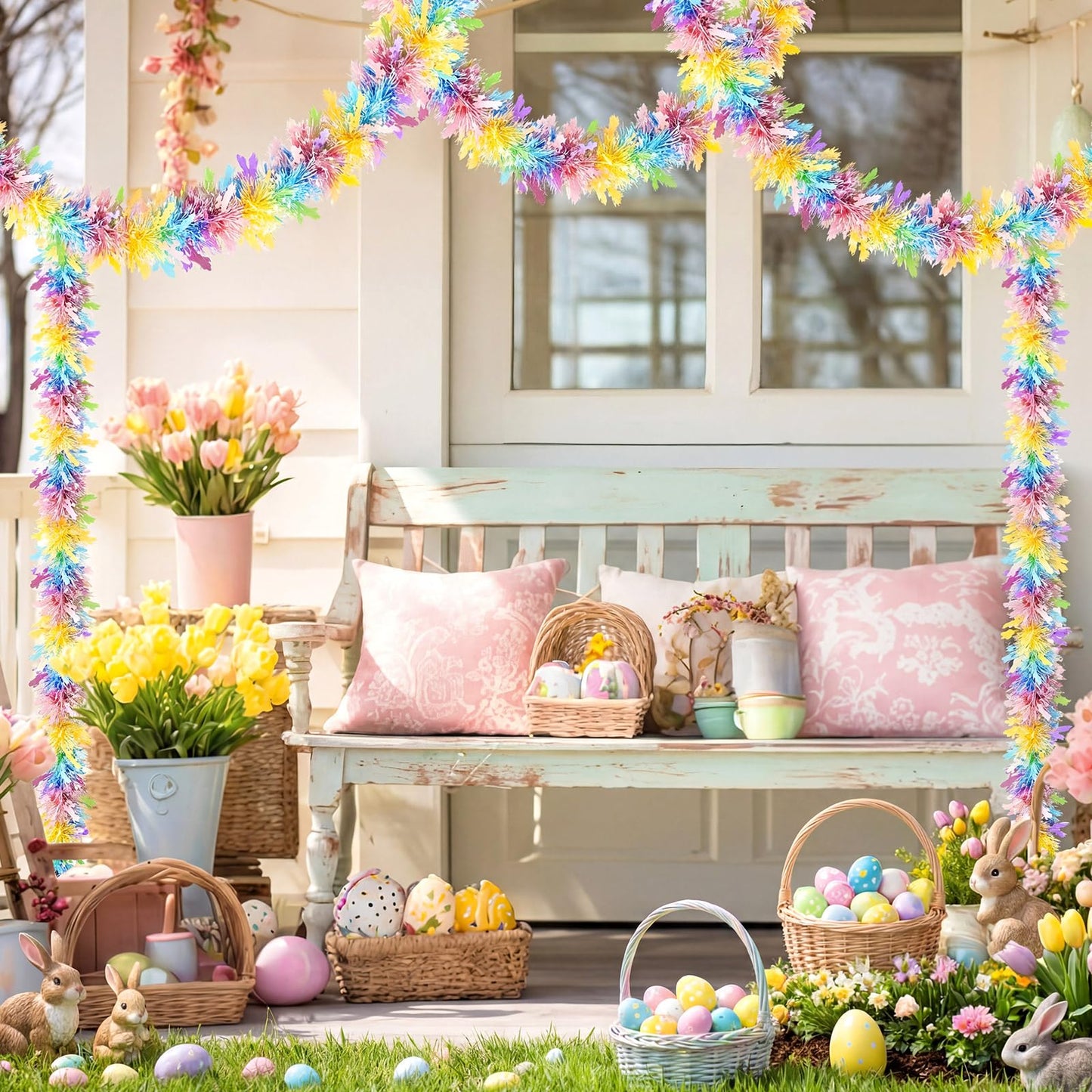 3 Pieces 49 ft Easter Tinsel Garland Decorations Pastel Pink Blue Yellow Metallic Festooning Garland Glittering Sparkling for Easter Party Spring Festival Indoor Outdoor Hanging Decor Holiday