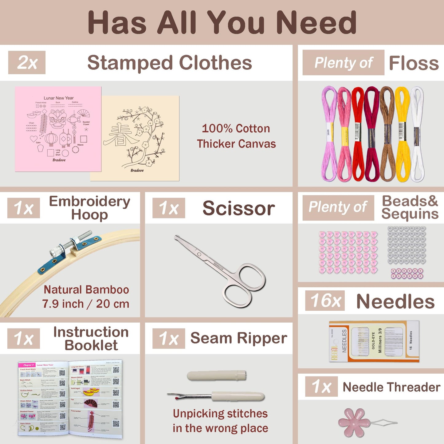 Bradove Lunar New Year Beginners Embroidery Kit for Adults Kids, Learn to Embroider Oriental Patterns, Stitches Kit, Bead Embroidery Kit, Beginner Embroidery Practice