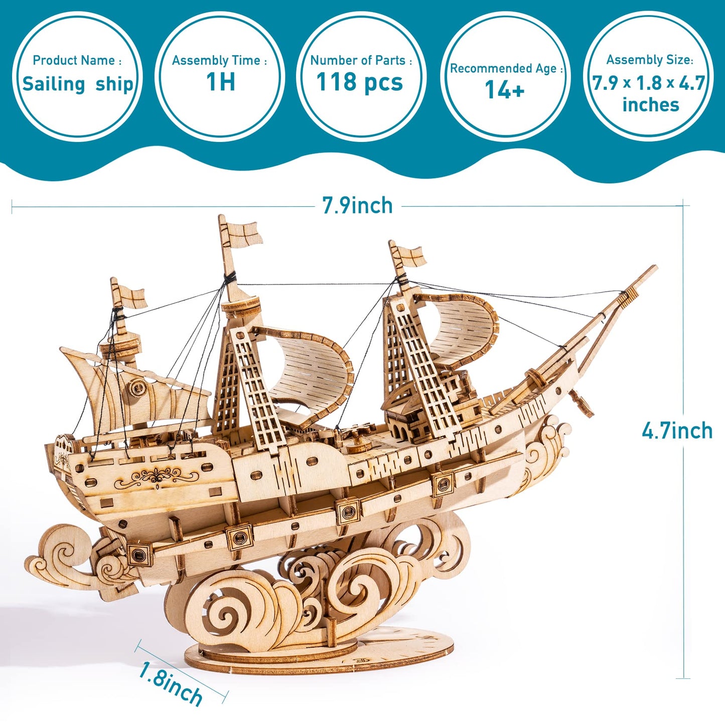 RoWood 3D Wooden Puzzle for Adults, Vintage Wooden Watercraft Model Sailboat Kit to Build, Best Gift Ideas Crafts Kit for Adults - Sailling Ship