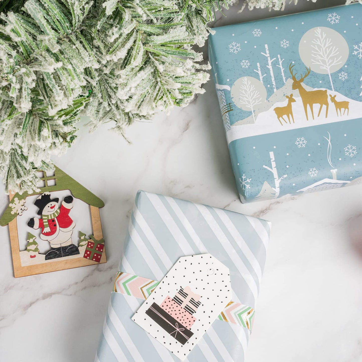 Reversible Christmas Wrapping Paper - Mini Roll - 17 Inch x 33 Feet - Blue and White Reindeer Holiday Landscape and Stripe Design for Christmas, Holiday, Party