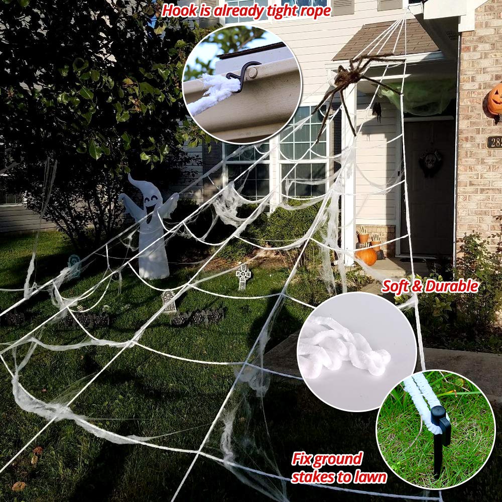 200" Halloween Spider Web + 59" Giant Spider Decorations Fake Spiders with Triangular Huge Spiders Web for Indoor Outdoor Halloween Decorations Yard