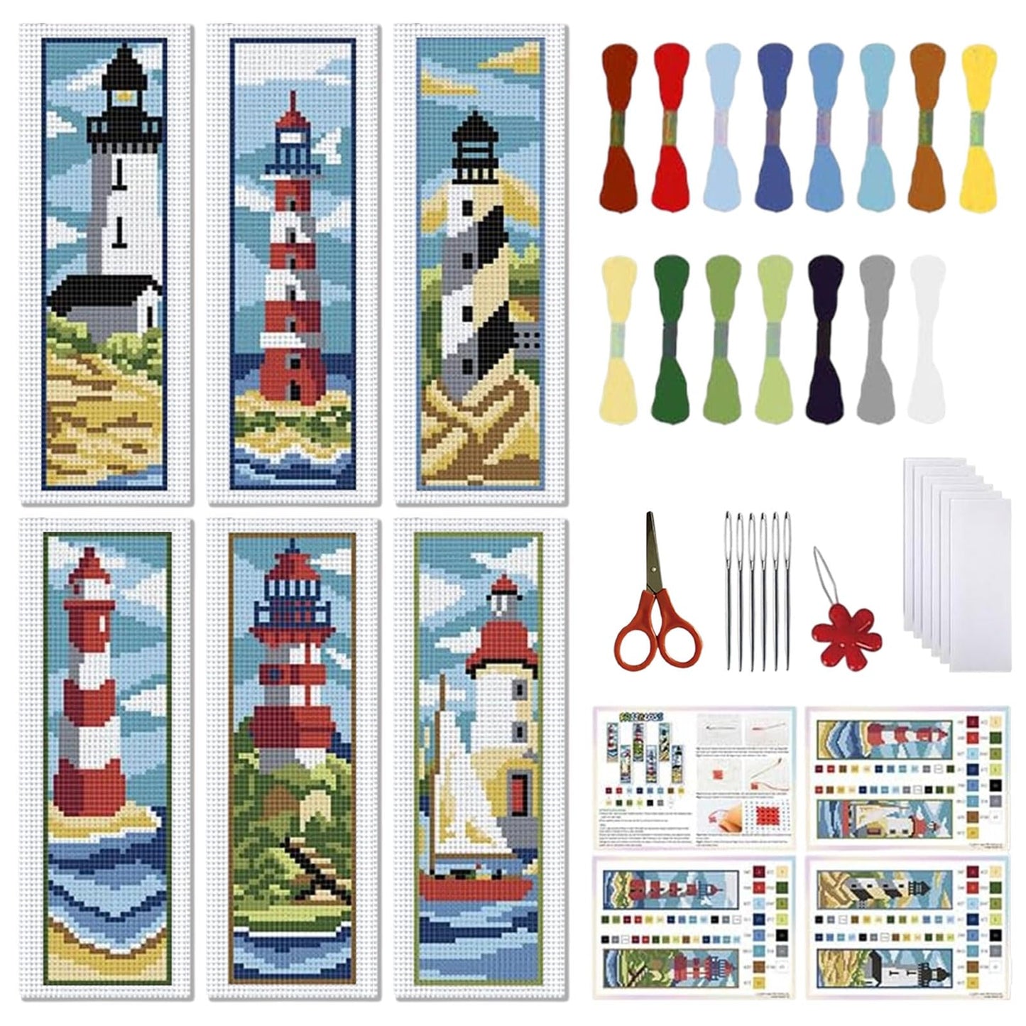 6 Set Bookmark Cross Stitch Kits Cross Stitch Bookmark Kit with Instructions Lighthouse Scenery Pattern Embroidery Kit for Beginners Bookmarks Making Kit for Gift