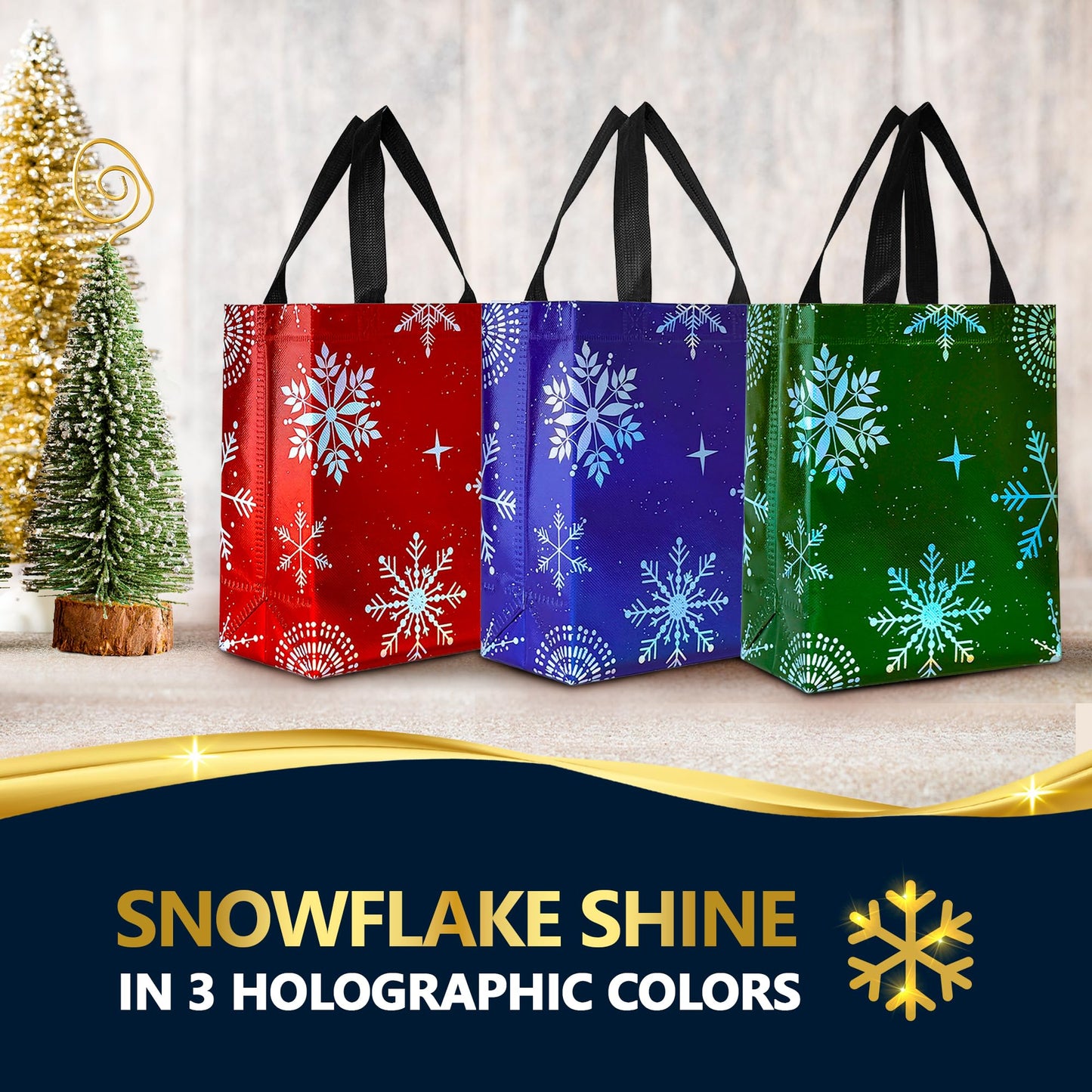 Snowflake Gift Bags Medium Size, Set of 12 Christmas Gift Bags with Handles (3 Each of Blue, Green and Red Colors) - Reusable Christmas Bag for Xmas Presents, Holidays - 8Wx4Dx10H
