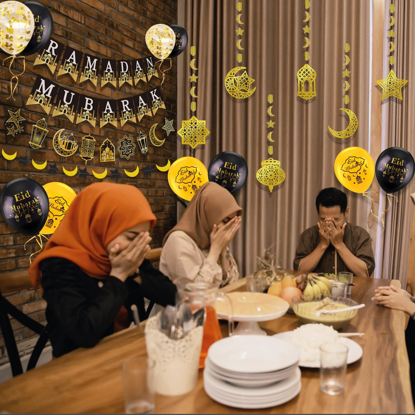 AhfuLife Ramadan Mubarak Decorations, Eid Decorations for Home - Preassembled Ramadan Eid Mubarak Banners, 16 Pcs Eid Balloons, 6 Pcs Islamic Star Moon Lantern Garland Streamer, 10 Pcs Cupcake Toppers