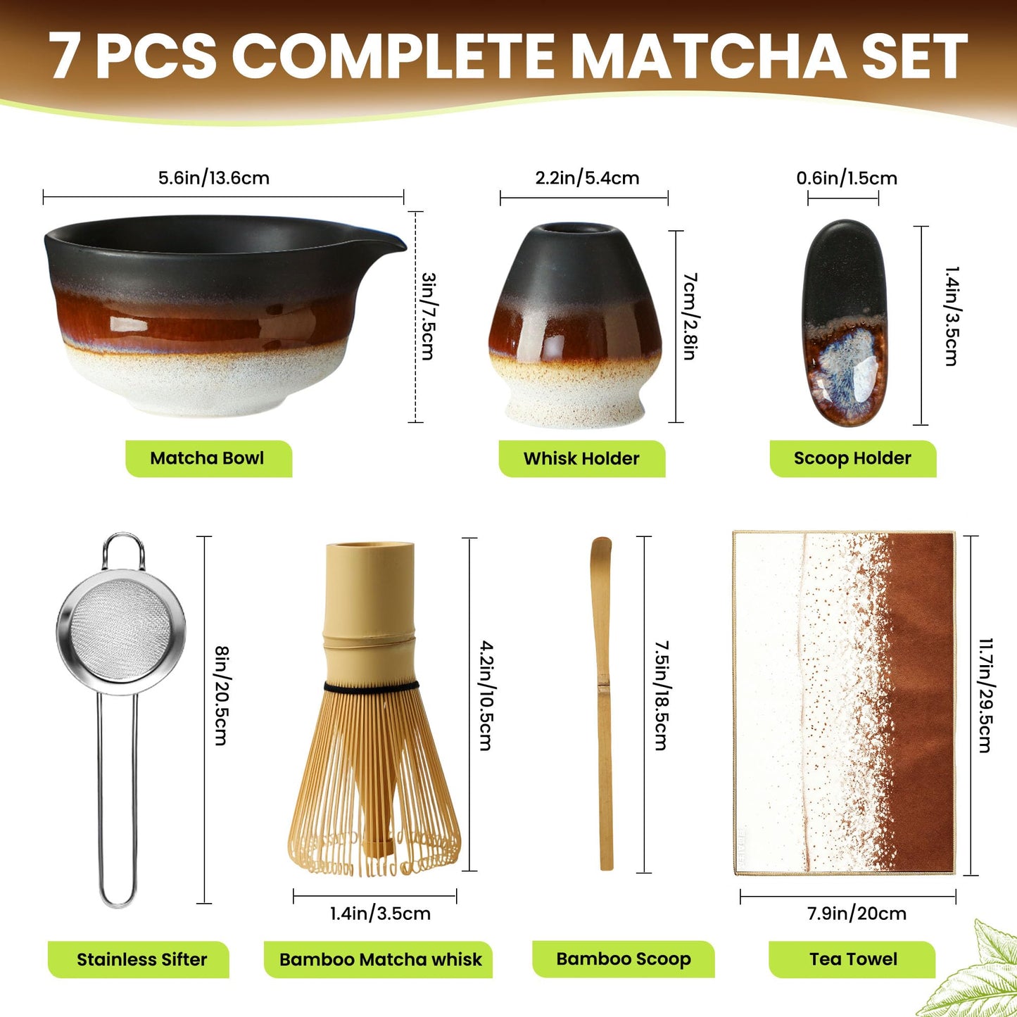 Matcha Whisk Set, Ceramic Matcha Kit Desert Style, Matcha Whisk and Bowl, Bamboo Scoop and Rest, Sifter and Tea Towel, 7 Pcs Gifts for Matcha Lover - Matte Black