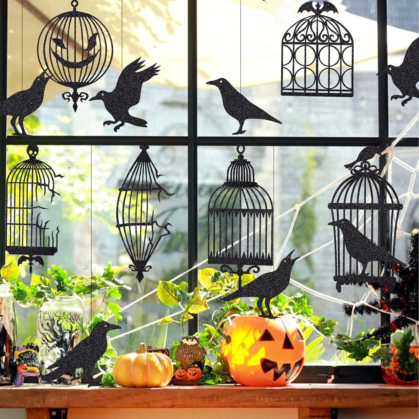 Cheerland Black Crow & Cage Garland for Gothic Glitter Halloween Sticker Decals Tree Hanging Decorations Raven Bird and Cage Banner Garland Backdrop for Horror Theme Birthday Party Supplies