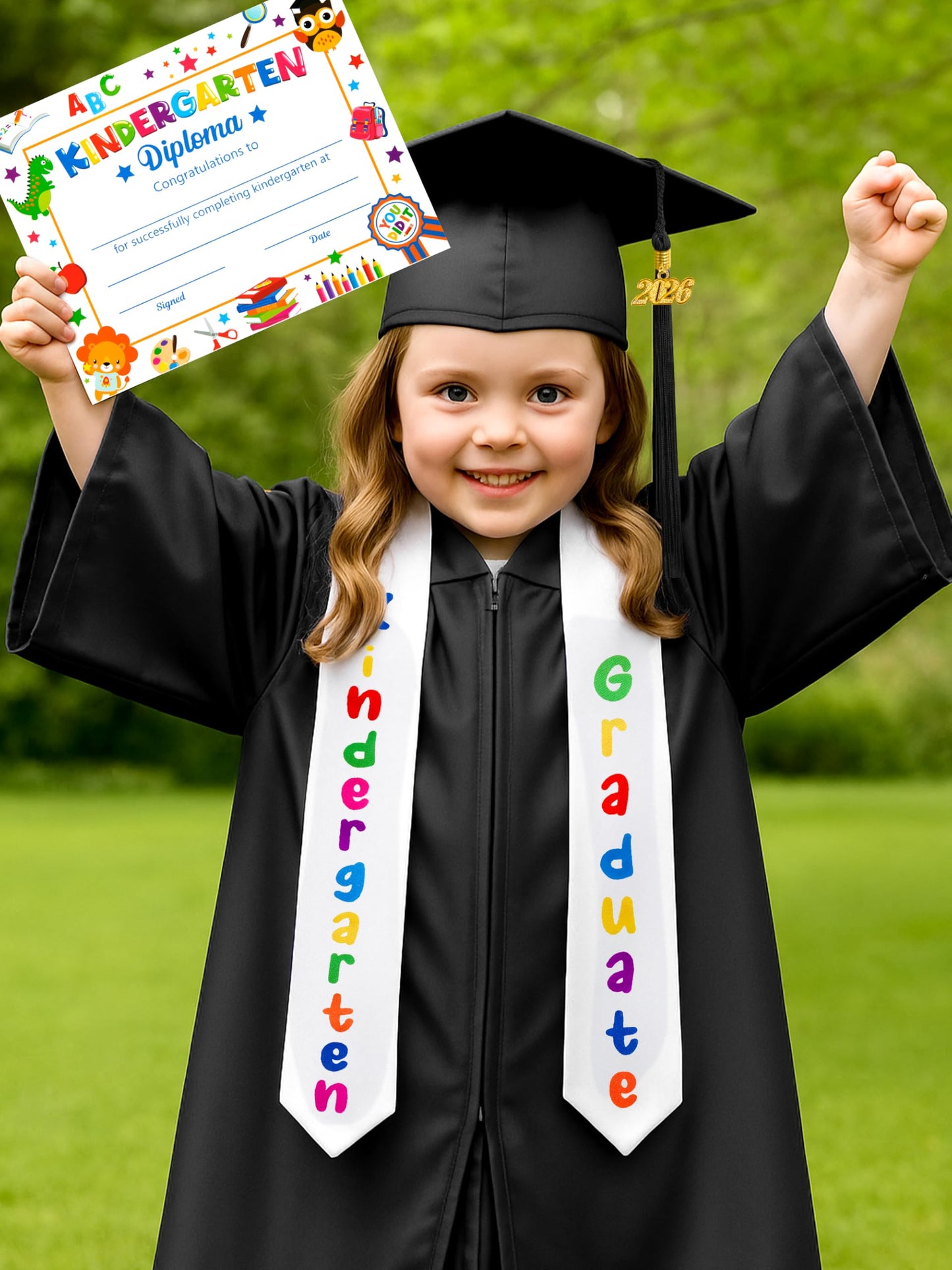 QZYL Kindergarten Graduation Cap and Gown Set, 2025 Kids Graduation Outfit with Tassel and Certificate for Kindergarten
